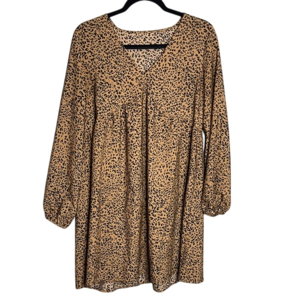 SHEIN Cheetah Brown and Tan V-Neck Long Sleeve Sundress